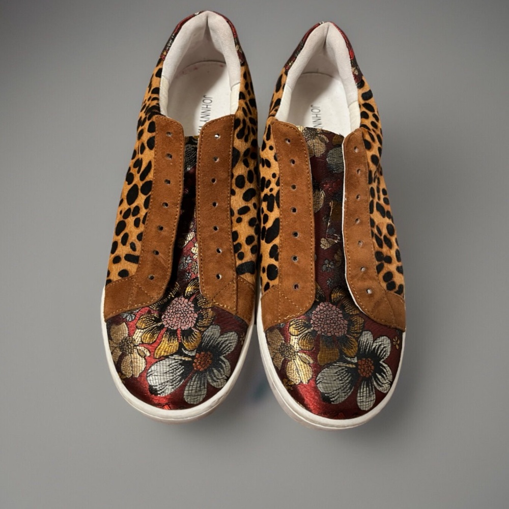 JOHNNY WAS Calfskin Leopard Print and Floral Sneakers Size 9 - Picture 3 of 12